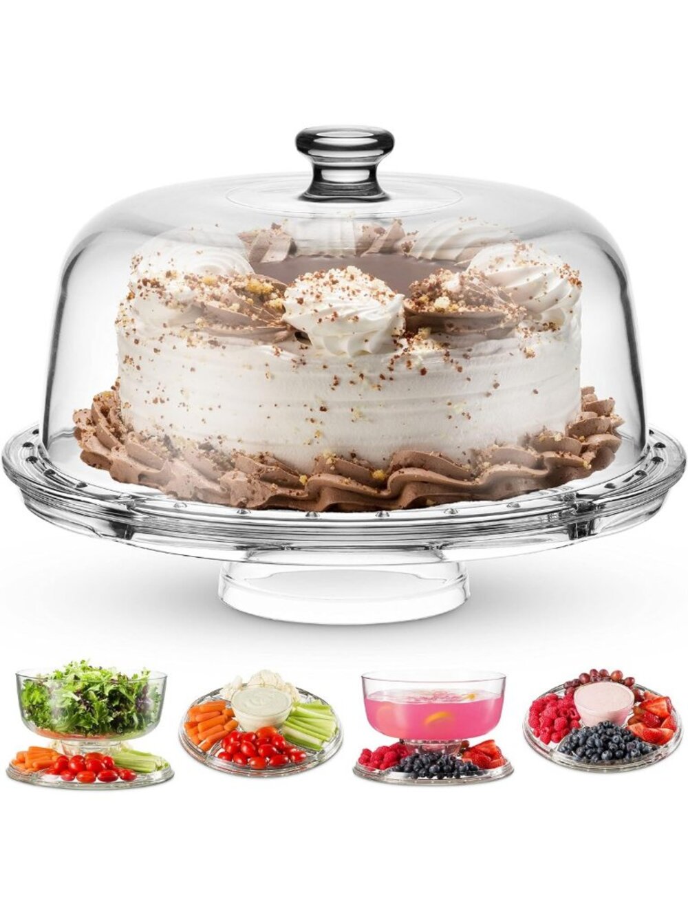 Elegant Glass Cake Stand with Dome Lid - Versatile Footed Platter, 6-in-1 Design
